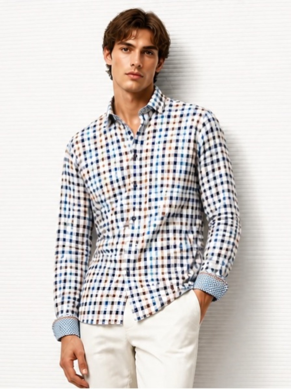 BUTTERCLOTH Shirt Men’s Plaid Long Sleeve Soft Designer Casual White Blue Tan